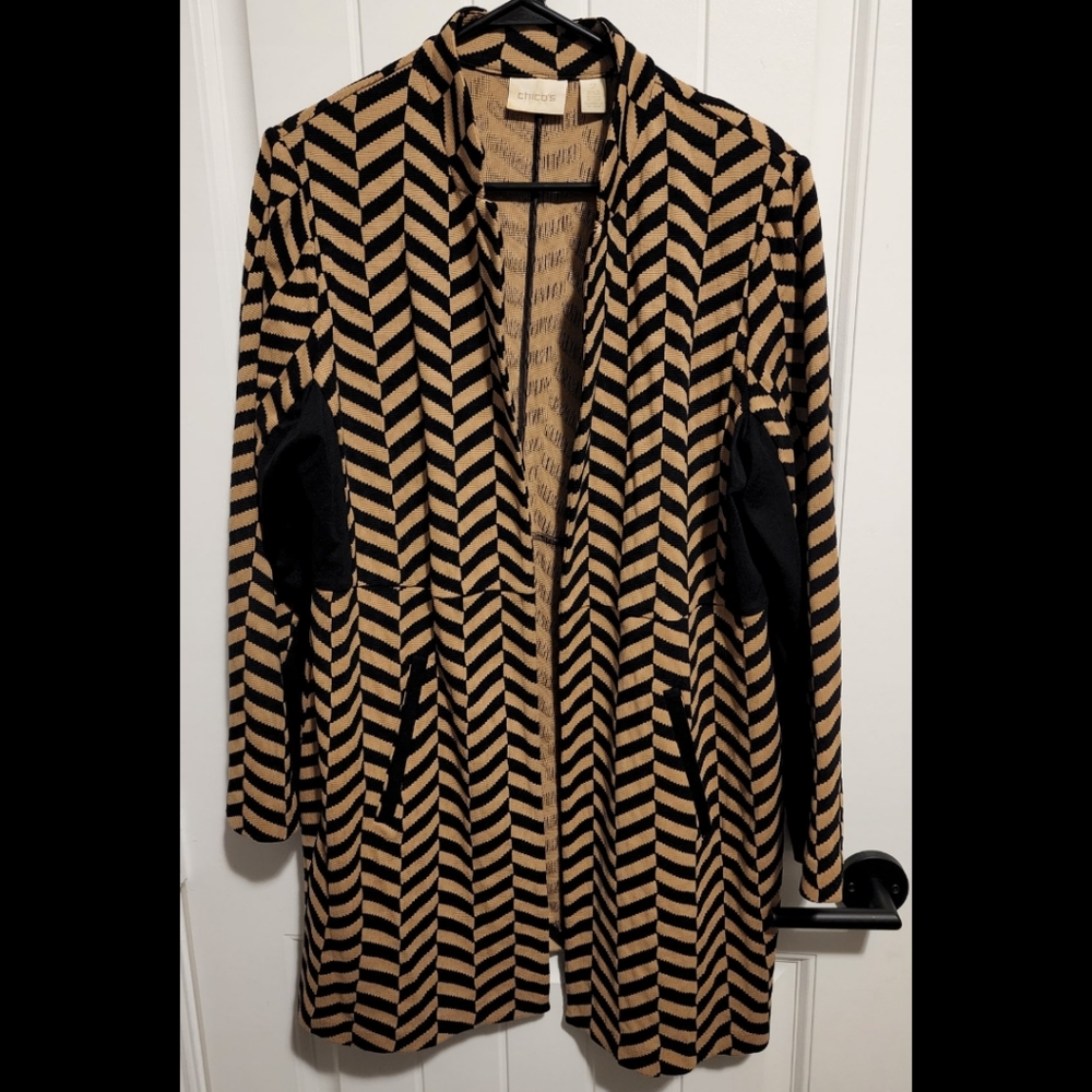 Chico's Black and Tan Chevron Open Cardigan